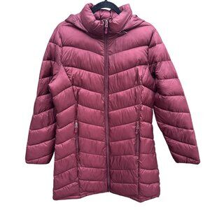 Charter Club Womens Burgundy Puffer‎ Coat M Hooded Sorona Renewable Plant Based